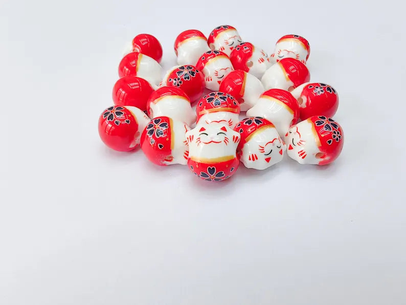 2 Porcelain Cat Bead, Red and White Ceramic Animal Beads, Cute Cat Beads, Flower Bead, DIY Jewelry Making, Kids Craft Supplies, 14x13mm G37072