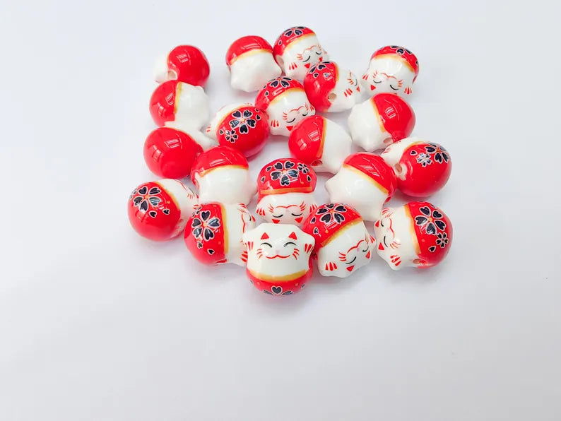 2 Porcelain Cat Bead, Red and White Ceramic Animal Beads, Cute Cat Beads, Flower Bead, DIY Jewelry Making, Kids Craft Supplies, 14x13mm G37072