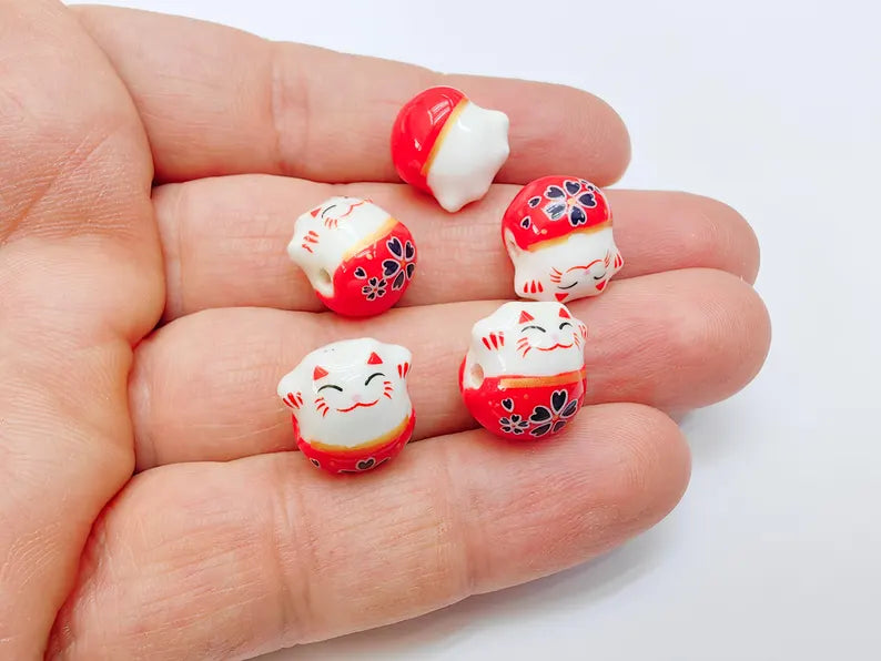 2 Porcelain Cat Bead, Red and White Ceramic Animal Beads, Cute Cat Beads, Flower Bead, DIY Jewelry Making, Kids Craft Supplies, 14x13mm G37072