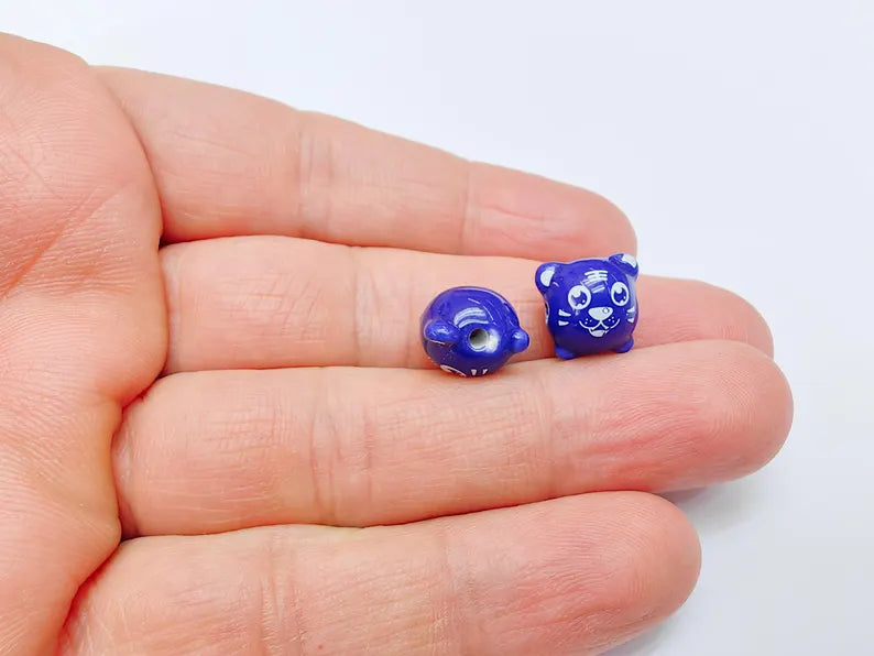 4 Porcelain Tiger Beads, Navy Blue Ceramic Animal Beads, Cute Cartoon, Round Hole, DIY Jewelry Making, Kids Craft Supplies, 11x11mm G37073