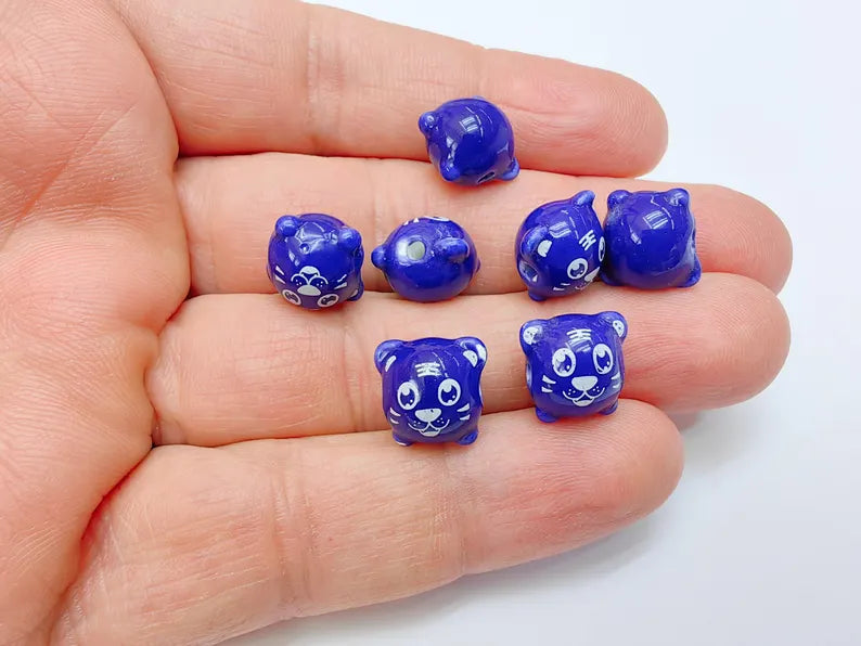 4 Porcelain Tiger Beads, Navy Blue Ceramic Animal Beads, Cute Cartoon, Round Hole, DIY Jewelry Making, Kids Craft Supplies, 11x11mm G37073