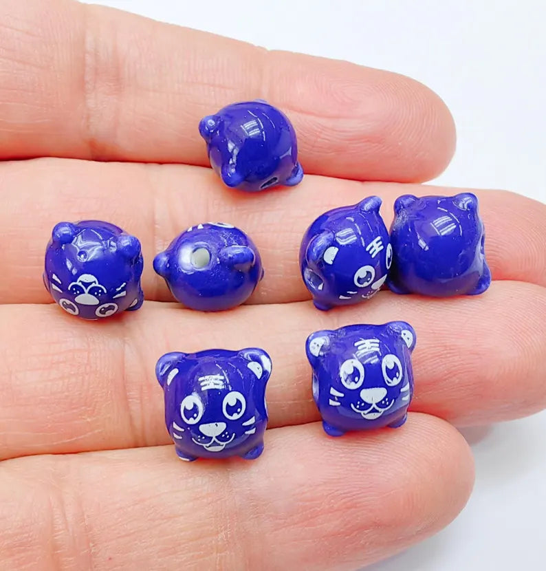 4 Porcelain Tiger Beads, Navy Blue Ceramic Animal Beads, Cute Cartoon, Round Hole, DIY Jewelry Making, Kids Craft Supplies, 11x11mm G37073