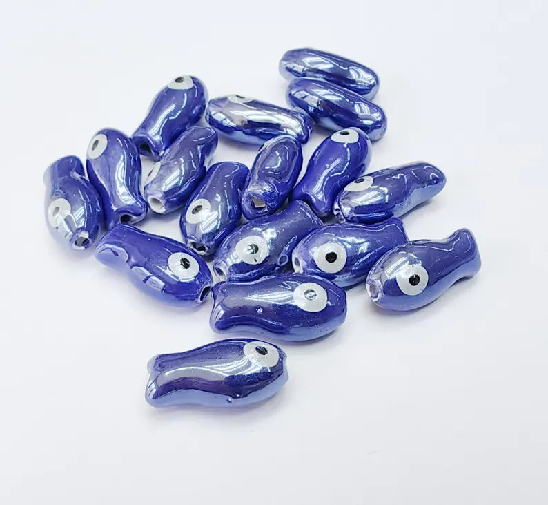 2 Porcelain Fish Beads, Ceramic Fish Beads, Navy Blue Beads for Jewelry Making, Cute Fish Beads for DIY Crafts and Accessories 19x10mm G37076