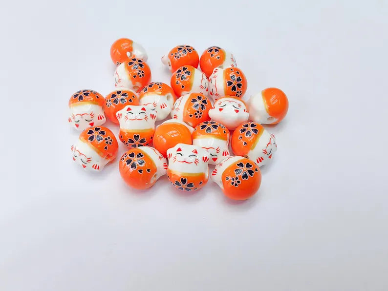 2 Porcelain Cat Bead, Orange White Ceramic Animal Beads, Cute Cat Beads, Flower Bead, DIY Jewelry Making, Kids Craft Supplies, 14x13mm G37078