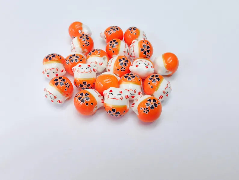 2 Porcelain Cat Bead, Orange White Ceramic Animal Beads, Cute Cat Beads, Flower Bead, DIY Jewelry Making, Kids Craft Supplies, 14x13mm G37078
