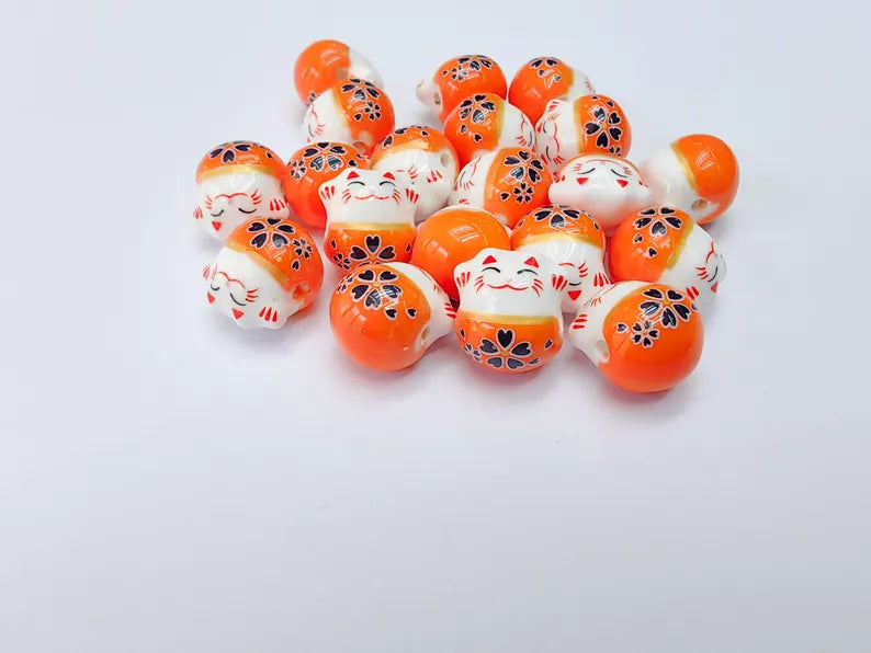 2 Porcelain Cat Bead, Orange White Ceramic Animal Beads, Cute Cat Beads, Flower Bead, DIY Jewelry Making, Kids Craft Supplies, 14x13mm G37078