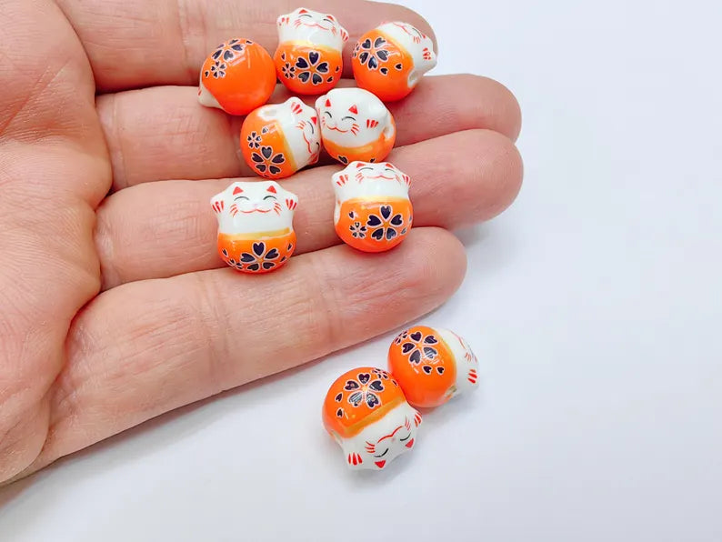 2 Porcelain Cat Bead, Orange White Ceramic Animal Beads, Cute Cat Beads, Flower Bead, DIY Jewelry Making, Kids Craft Supplies, 14x13mm G37078