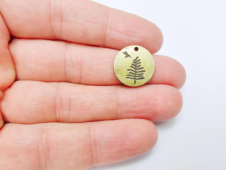 4 Tree and Bird Charms, Round Boho Charm, Earring Charm, Dangle Pendant, Necklace Parts, Antique Bronze Plated Metal 17mm G37079