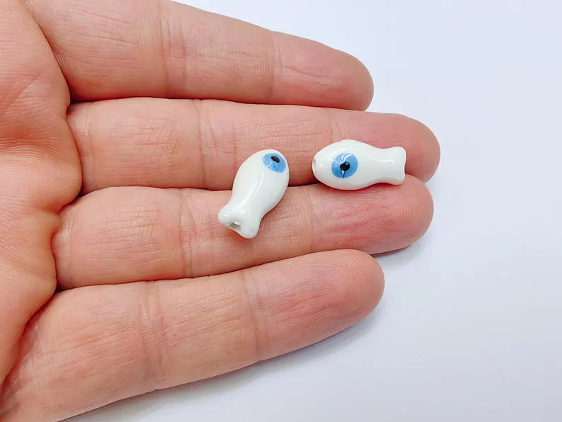 2 Porcelain Fish Beads, Ceramic Fish Beads, White Beads for Jewelry Making, Cute Fish Beads for DIY Crafts and Accessories 19x10mm G37080