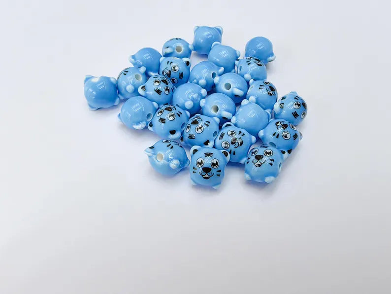 4 Porcelain Tiger Beads, Blue Ceramic Animal Beads, Cute Cartoon, Round Hole, DIY Jewelry Making, Kids Craft Supplies, 11x11mm G37081