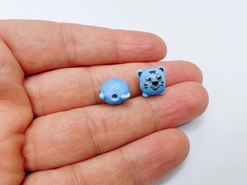 4 Porcelain Tiger Beads, Blue Ceramic Animal Beads, Cute Cartoon, Round Hole, DIY Jewelry Making, Kids Craft Supplies, 11x11mm G37081