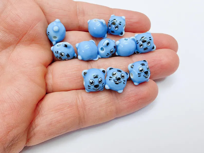 4 Porcelain Tiger Beads, Blue Ceramic Animal Beads, Cute Cartoon, Round Hole, DIY Jewelry Making, Kids Craft Supplies, 11x11mm G37081