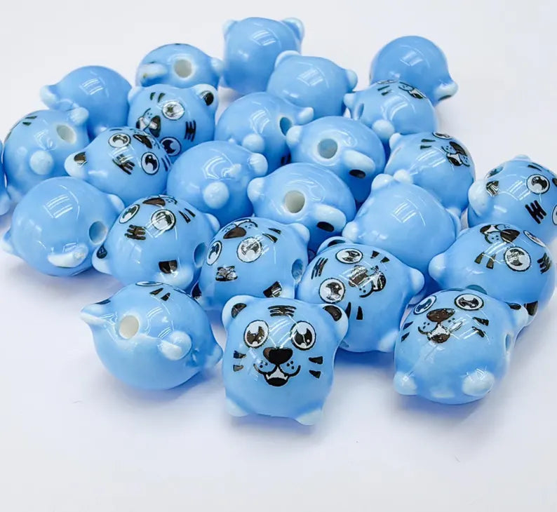 4 Porcelain Tiger Beads, Blue Ceramic Animal Beads, Cute Cartoon, Round Hole, DIY Jewelry Making, Kids Craft Supplies, 11x11mm G37081