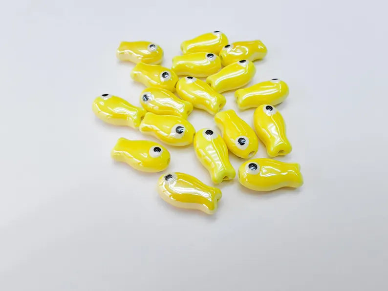 2 Porcelain Fish Beads, Ceramic Fish Beads, Yellow Beads for Jewelry Making, Cute Fish Beads for DIY Crafts and Accessories 19x10mm G37083