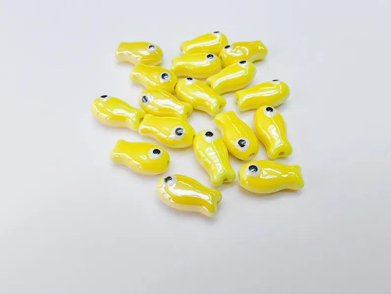 2 Porcelain Fish Beads, Ceramic Fish Beads, Yellow Beads for Jewelry Making, Cute Fish Beads for DIY Crafts and Accessories 19x10mm G37083
