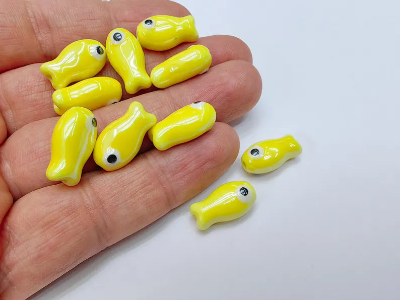 2 Porcelain Fish Beads, Ceramic Fish Beads, Yellow Beads for Jewelry Making, Cute Fish Beads for DIY Crafts and Accessories 19x10mm G37083