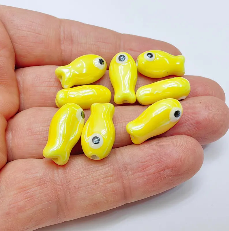 2 Porcelain Fish Beads, Ceramic Fish Beads, Yellow Beads for Jewelry Making, Cute Fish Beads for DIY Crafts and Accessories 19x10mm G37083