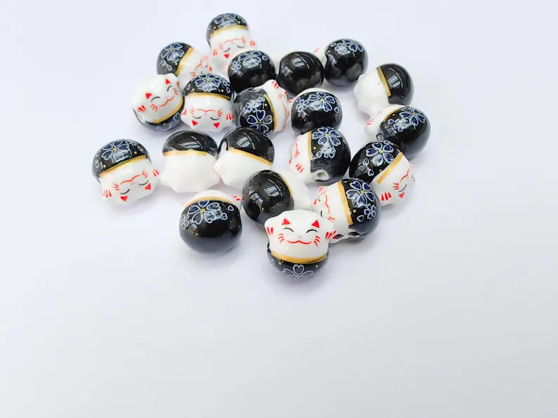 2 Porcelain Cat Bead, Black White Ceramic Animal Beads, Cute Cat Beads, Flower Bead, DIY Jewelry Making, Kids Craft Supplies, 14x13mm G37084