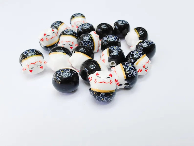 2 Porcelain Cat Bead, Black White Ceramic Animal Beads, Cute Cat Beads, Flower Bead, DIY Jewelry Making, Kids Craft Supplies, 14x13mm G37084
