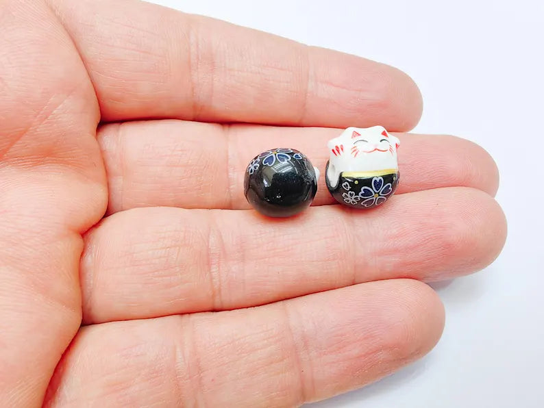 2 Porcelain Cat Bead, Black White Ceramic Animal Beads, Cute Cat Beads, Flower Bead, DIY Jewelry Making, Kids Craft Supplies, 14x13mm G37084