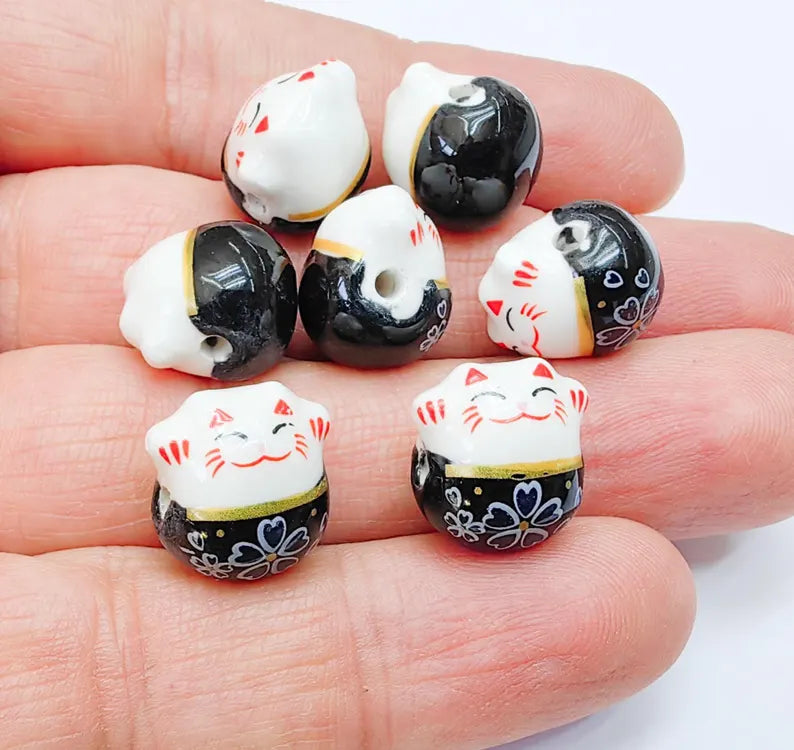2 Porcelain Cat Bead, Black White Ceramic Animal Beads, Cute Cat Beads, Flower Bead, DIY Jewelry Making, Kids Craft Supplies, 14x13mm G37084