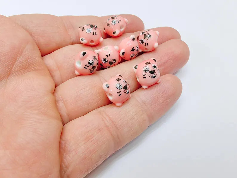 4 Porcelain Tiger Beads, Pink Ceramic Animal Beads, Cute Cartoon, Round Hole, DIY Jewelry Making, Kids Craft Supplies, 11x11mm G37085
