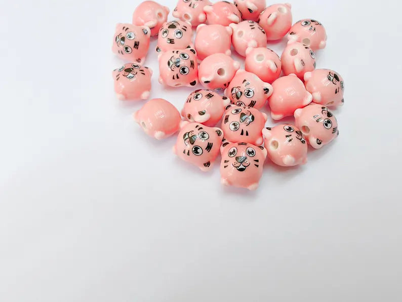 4 Porcelain Tiger Beads, Pink Ceramic Animal Beads, Cute Cartoon, Round Hole, DIY Jewelry Making, Kids Craft Supplies, 11x11mm G37085