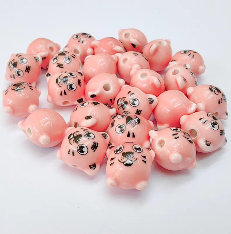 4 Porcelain Tiger Beads, Pink Ceramic Animal Beads, Cute Cartoon, Round Hole, DIY Jewelry Making, Kids Craft Supplies, 11x11mm G37085