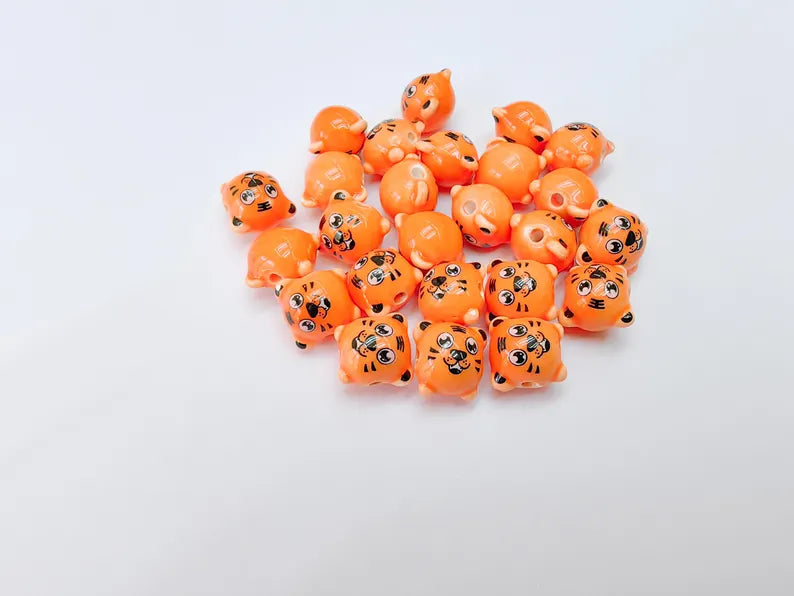 2 Porcelain Tiger Beads, Orange Ceramic Animal Beads, Cute Cartoon, Round Hole, DIY Jewelry Making, Kids Craft Supplies, 11x11mm G37088
