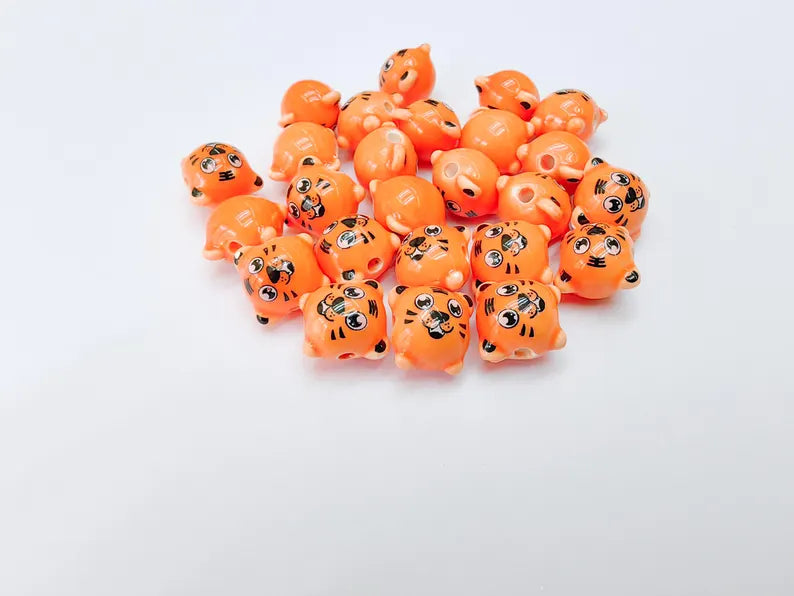 2 Porcelain Tiger Beads, Orange Ceramic Animal Beads, Cute Cartoon, Round Hole, DIY Jewelry Making, Kids Craft Supplies, 11x11mm G37088