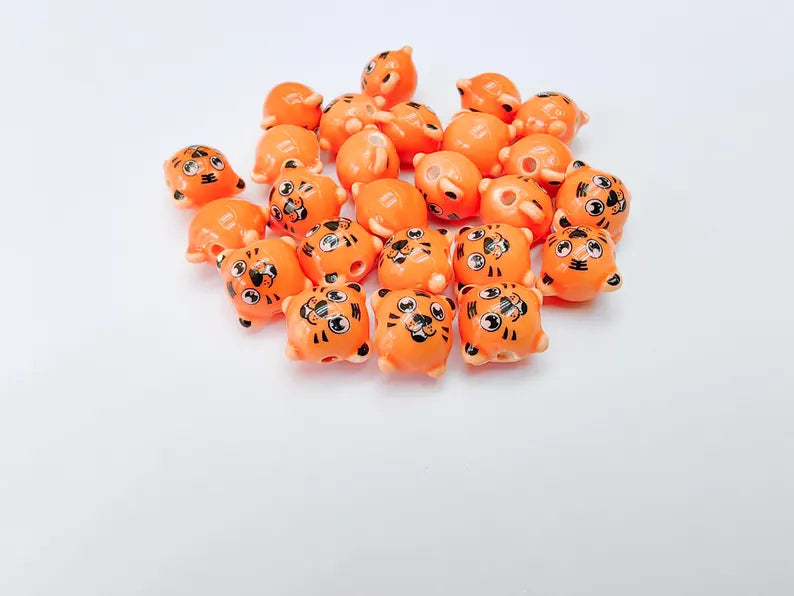 2 Porcelain Tiger Beads, Orange Ceramic Animal Beads, Cute Cartoon, Round Hole, DIY Jewelry Making, Kids Craft Supplies, 11x11mm G37088