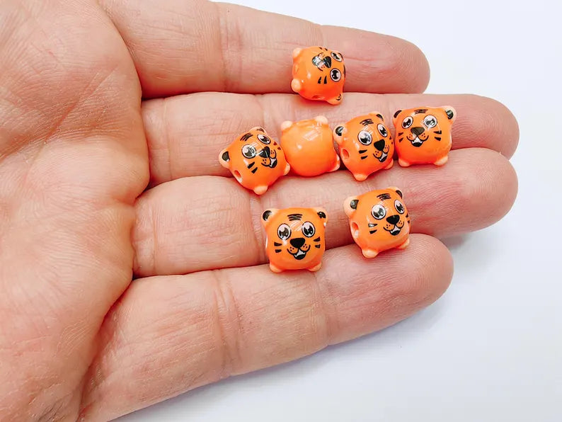 2 Porcelain Tiger Beads, Orange Ceramic Animal Beads, Cute Cartoon, Round Hole, DIY Jewelry Making, Kids Craft Supplies, 11x11mm G37088