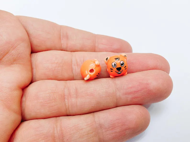 2 Porcelain Tiger Beads, Orange Ceramic Animal Beads, Cute Cartoon, Round Hole, DIY Jewelry Making, Kids Craft Supplies, 11x11mm G37088