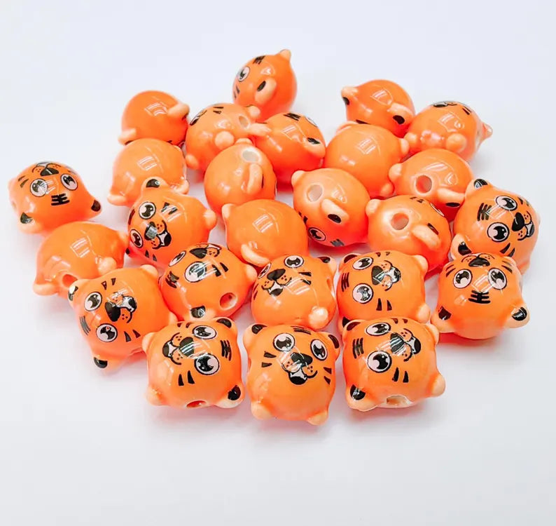 2 Porcelain Tiger Beads, Orange Ceramic Animal Beads, Cute Cartoon, Round Hole, DIY Jewelry Making, Kids Craft Supplies, 11x11mm G37088