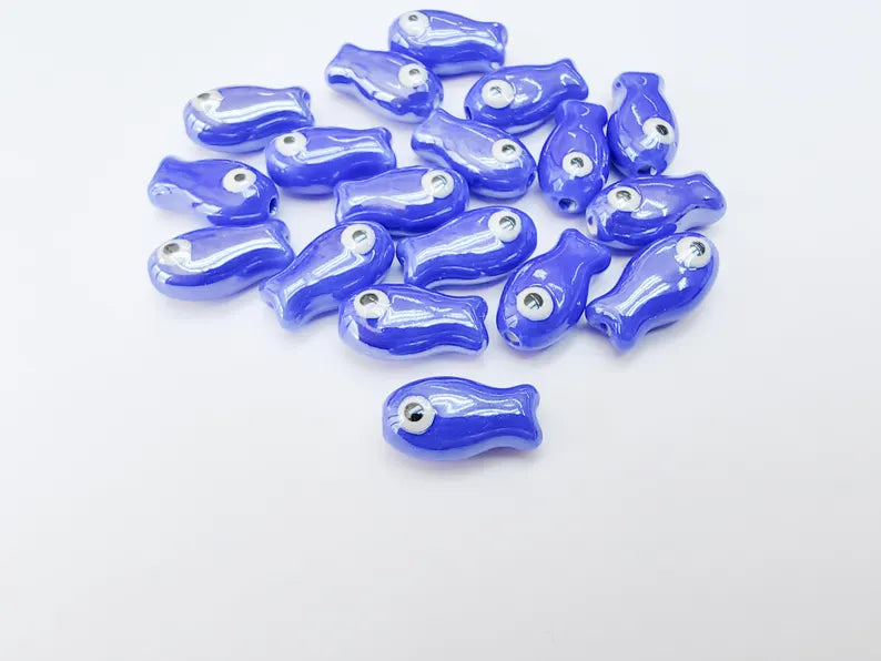 2 Porcelain Fish Beads, Ceramic Fish Beads, Navy Blue Beads for Jewelry Making, Cute Fish Beads for DIY Crafts and Accessories 19x10mm G37089