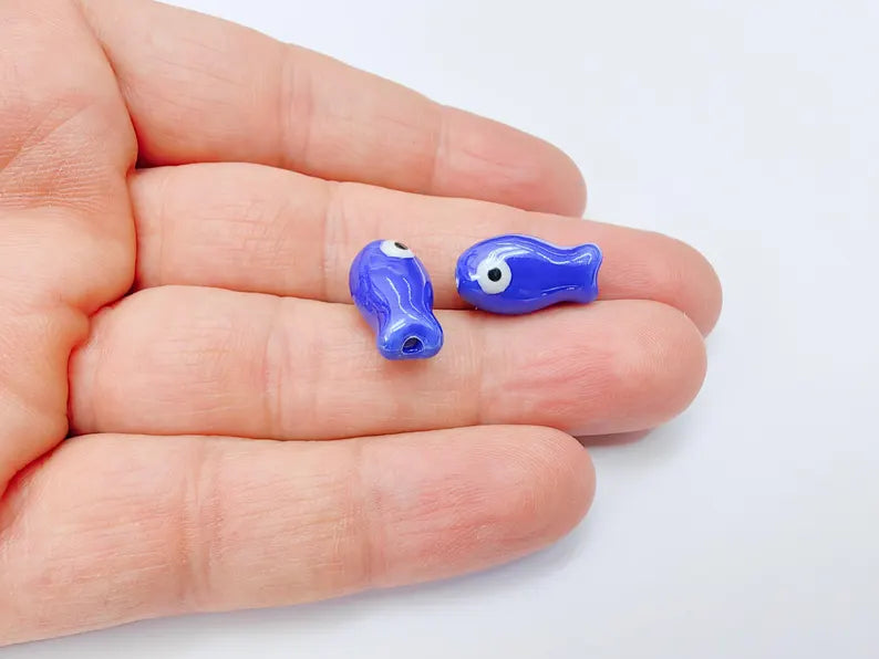 2 Porcelain Fish Beads, Ceramic Fish Beads, Navy Blue Beads for Jewelry Making, Cute Fish Beads for DIY Crafts and Accessories 19x10mm G37089