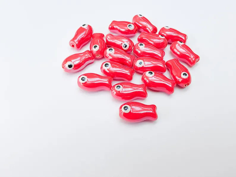2 Porcelain Fish Beads, Ceramic Fish Beads, Red Beads for Jewelry Making, Cute Fish Beads for DIY Crafts and Accessories 19x10mm G37090