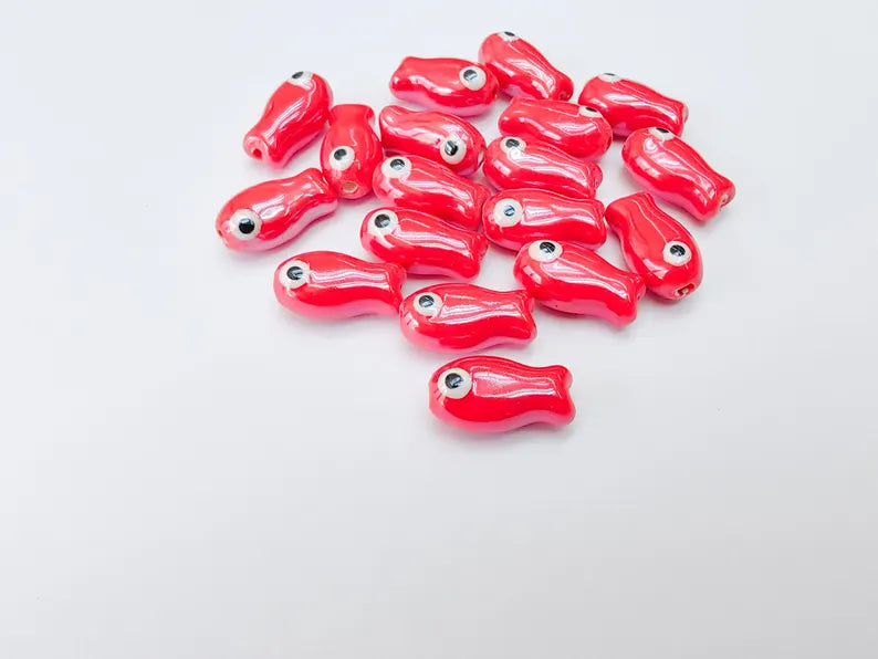 2 Porcelain Fish Beads, Ceramic Fish Beads, Red Beads for Jewelry Making, Cute Fish Beads for DIY Crafts and Accessories 19x10mm G37090