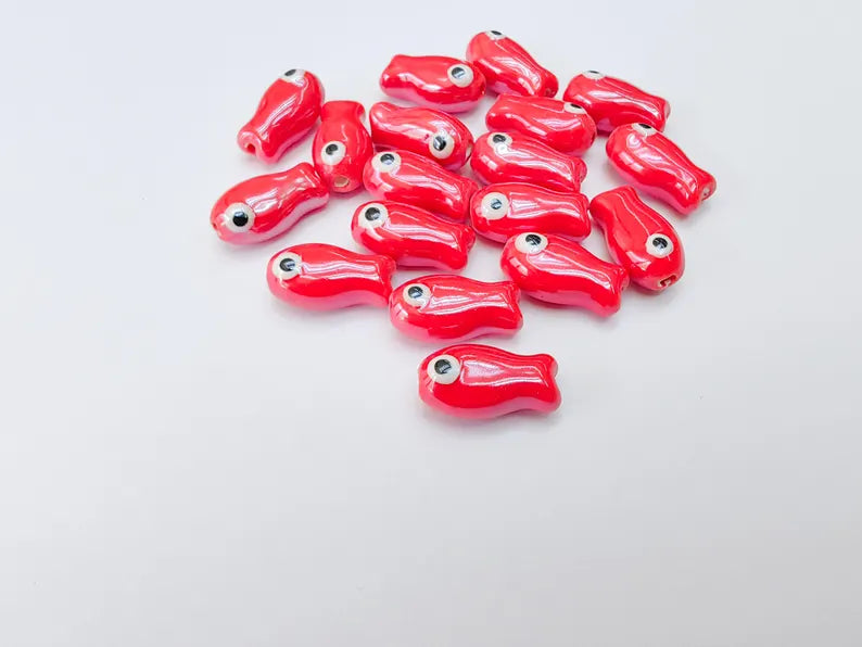 2 Porcelain Fish Beads, Ceramic Fish Beads, Red Beads for Jewelry Making, Cute Fish Beads for DIY Crafts and Accessories 19x10mm G37090