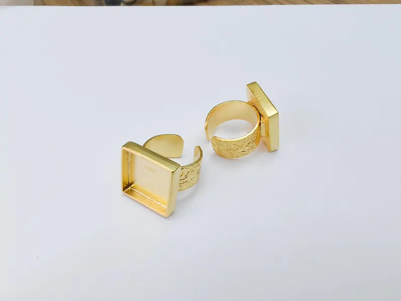 Square Ring Blank Settings, Cabochon Mounting, Adjustable Gold Plated Resin Ring Base, Inlay Ring, Mosaic Epoxy Bezel Ring (16x16mm) G37091