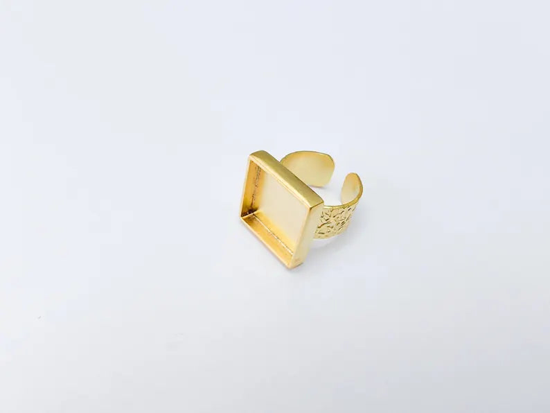 Square Ring Blank Settings, Cabochon Mounting, Adjustable Gold Plated Resin Ring Base, Inlay Ring, Mosaic Epoxy Bezel Ring (16x16mm) G37091