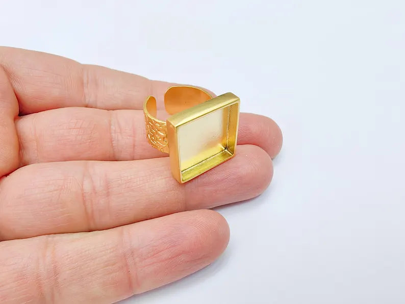 Square Ring Blank Settings, Cabochon Mounting, Adjustable Gold Plated Resin Ring Base, Inlay Ring, Mosaic Epoxy Bezel Ring (16x16mm) G37091