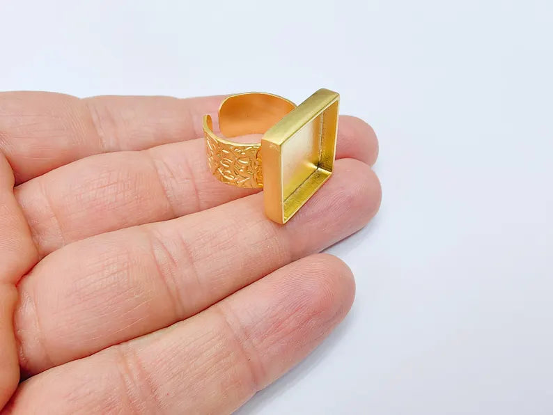 Square Ring Blank Settings, Cabochon Mounting, Adjustable Gold Plated Resin Ring Base, Inlay Ring, Mosaic Epoxy Bezel Ring (16x16mm) G37091