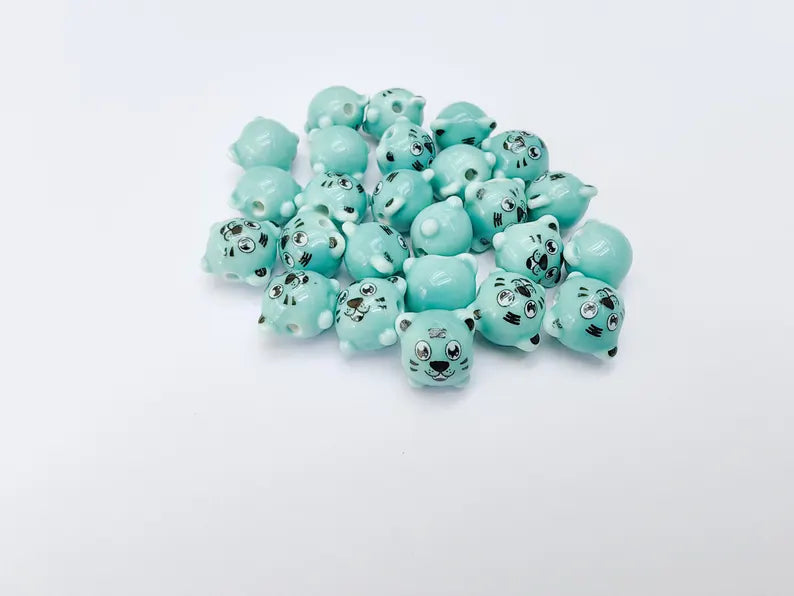 Porcelain Tiger Beads, Turquoise Ceramic Animal 4 Beads, Cute Cartoon, Round Hole, DIY Jewelry Making, Kids Craft Supplies, 11x11mm G37093