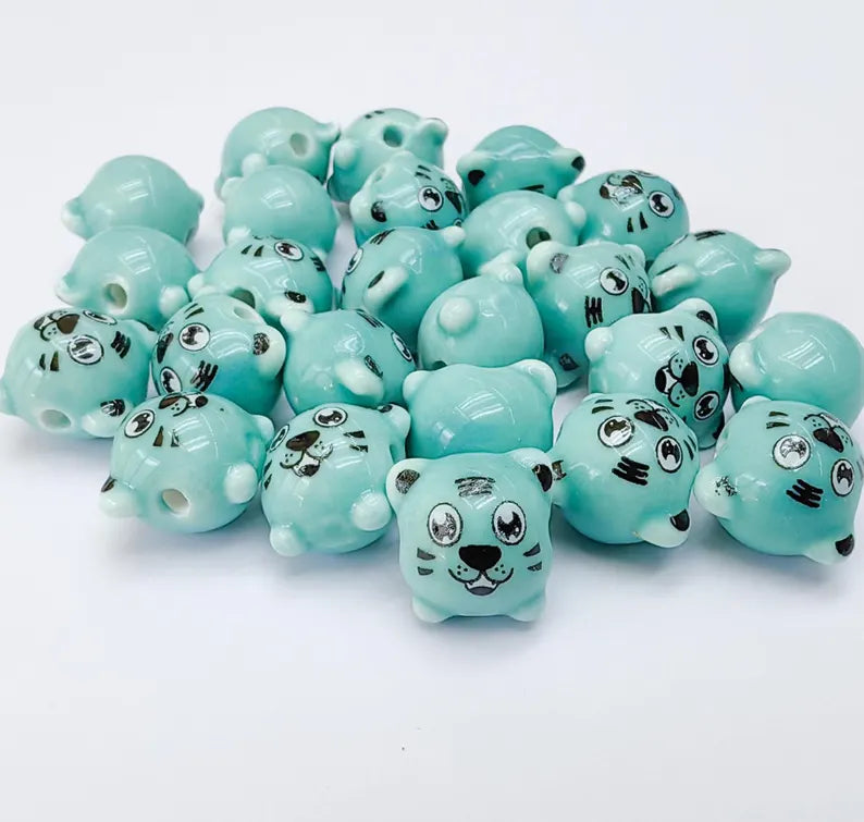 Porcelain Tiger Beads, Turquoise Ceramic Animal 4 Beads, Cute Cartoon, Round Hole, DIY Jewelry Making, Kids Craft Supplies, 11x11mm G37093