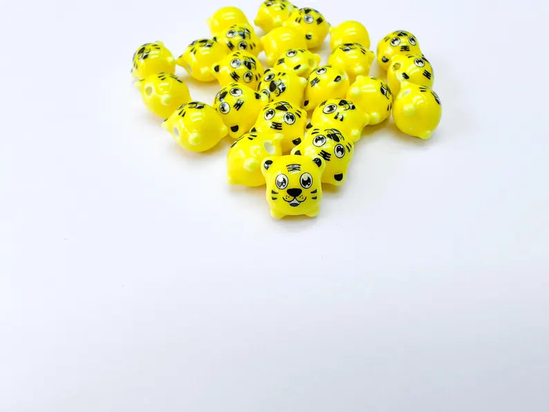 Porcelain Tiger Beads, Yellow Ceramic Animal Beads, Cute Cartoon Face, Round Hole, DIY Jewelry Making, Kids Craft Supplies, 11x11mm G37034