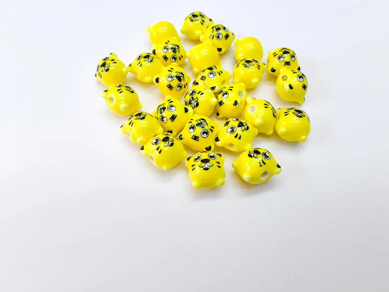 Porcelain Tiger Beads, Yellow Ceramic Animal Beads, Cute Cartoon Face, Round Hole, DIY Jewelry Making, Kids Craft Supplies, 11x11mm G37034