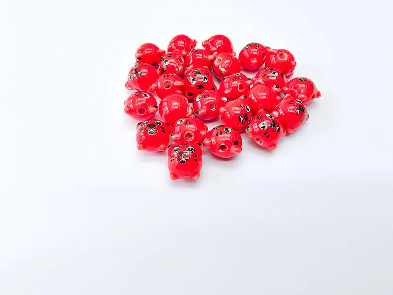 Porcelain Tiger Beads, Red Ceramic Animal Beads, Cute Cartoon Face, Round Hole, DIY Jewelry Making, Kids Craft Supplies, 11x11mm G37036