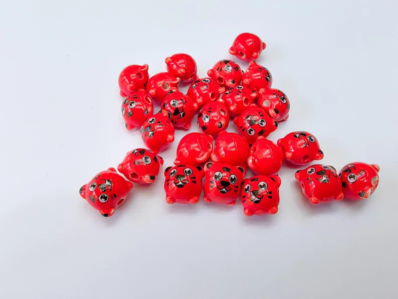 Porcelain Tiger Beads, Red Ceramic Animal Beads, Cute Cartoon Face, Round Hole, DIY Jewelry Making, Kids Craft Supplies, 11x11mm G37036