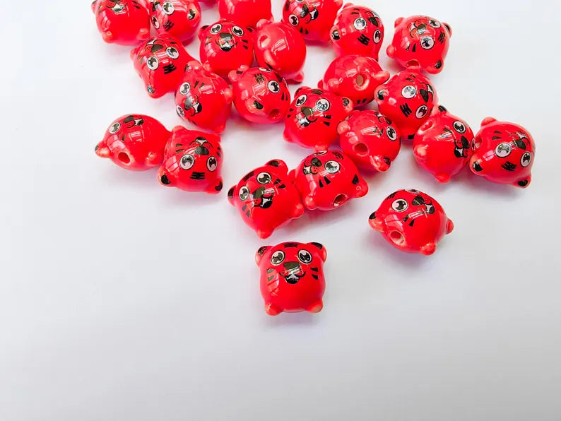 Porcelain Tiger Beads, Red Ceramic Animal Beads, Cute Cartoon Face, Round Hole, DIY Jewelry Making, Kids Craft Supplies, 11x11mm G37036